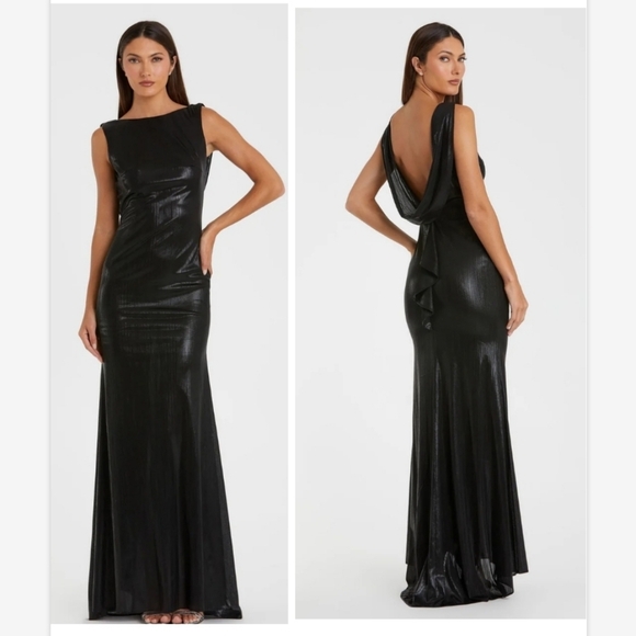 Ieena for Mac Duggal Black Metallic Jersey Cowl Back Column Gown Sz 4 NEW 49087